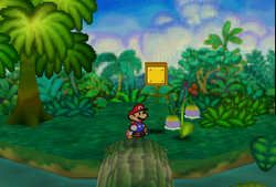 Mario finding 2 Coins from a bush and a tree in Jade Jungle of Paper Mario.