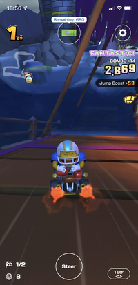 Chargin' Chuck obtaining bonus points by performing a trick as part of a combo in Mario Kart Tour.