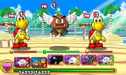 Screenshot of the boss battle in World 1-4, from Puzzle & Dragons: Super Mario Bros. Edition.