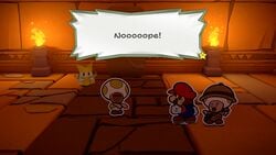 Mario, Olivia, and Professor Toad's first encounter with a Faceless Toad in the Temple of Shrooms.