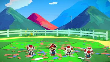 A group of three hidden Toads in Overlook Mountain, held captive by a trio of Paper Macho Shy Guys who also guard the Red Shell Stone.
