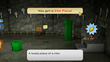 Mario getting the Star Piece behind the stairs to the Thousand-Year Door in the Pit of 100 Trials room of Rogueport Underground in the remake of the Paper Mario: The Thousand-Year Door for the Nintendo Switch.