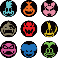 The emblems of Bowser, Bowser Jr., and the Koopalings.