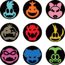 The emblems of Bowser, Bowser Jr., and the Koopalings.