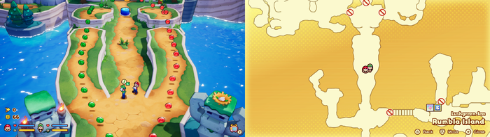 Mario and Luigi near 16 L Coins, 16 M Coins and a 10-Coin on Rumbla Island of Mario & Luigi: Brothership.