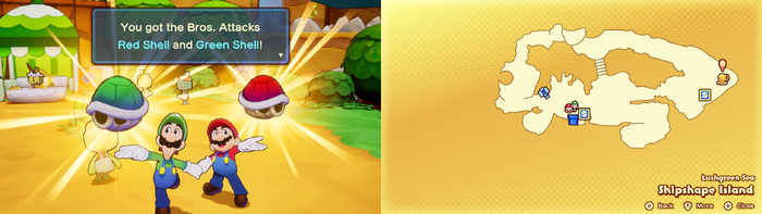 Mario and Luigi being given the Red Shell and the Green Shell Bros. Attacks by a Concordian on Shipshape Island of Mario & Luigi: Brothership.