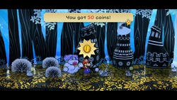 Mario getting 50 Coins from Puni Elder in The Great Tree of Paper Mario: The Thousand-Year Door for Nintendo Switch.