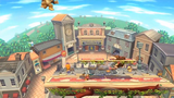 Wii Fit Trainer, Bowser, Donkey Kong, and Samus fighting on an Animal Crossing stage.