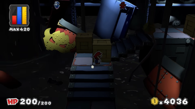 Mario near 2 crates with the right one containing a Huge Hammer Battle Card in Black Bowser's Castle of Paper Mario: Color Splash.