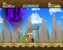 Bowser near a black stone containing the Fire Tablet in Gap of Crag of Super Paper Mario.