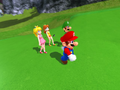 Mario and his team walk across the field.