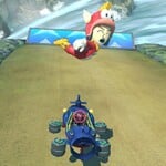 A Mii in the Cheep Cheep Mii Racing Suit performing a Jump Boost.