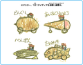 Sketches of acorn, ice cream, penguin, and taiyaki-themed karts from Special Episode 3