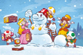 A painting of various characters making a Mario snowman
