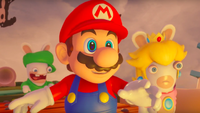 Mario with Rabbid Peach and Rabbid Luigi.
