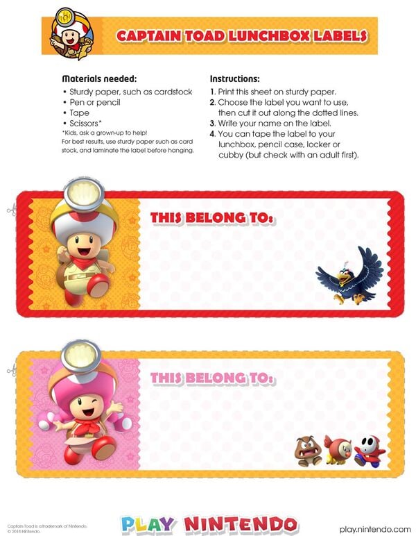 Printable sheet for Captain Toad: Treasure Tracker lunchbox labels