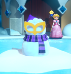 One of the two snowmen that a Dancer Theet has been trapped in in A Snow Flower on Ice in Princess Peach: Showtime!, with Princess Peach, Stella and a postgame Ninja Theet's carpet.