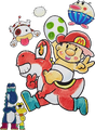 Baby Mario, Red Yoshi, Blue Yoshi, Yellow Yoshi, Poochy, Fuzzy, and Burt