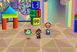 Mario finding Mushroom held by a blue Shy Guy in Shy Guy's Toy Box of Paper Mario.