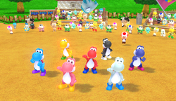 A screenshot, displaying a Red, Blue, Yellow, Light-Blue, Pink, Black, and White Yoshi after completing Dream Equestrian in the Wii version of Mario & Sonic at the London 2012 Olympic Games.