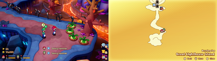 Mario and Luigi near 4 Plug Radishes containing 20 Coins on Great Lighthouse Island of Brrrning Sea of Mario & Luigi: Brothership.