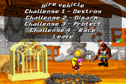 Funky's Rentals, with all four minigames unlocked in the menu. The topmost option, "Hire vehicle," extends slightly outside of the speech bubble with the menu.