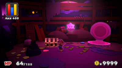 Mario near a Coin in Fortune Island of Paper Mario: Color Splash.