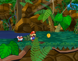 Mario getting a Coin from a bush in Keelhaul Key of Paper Mario: The Thousand-Year Door.