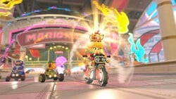 An official screenshot of Peach holding 1st place in a Knockout Tour in Mario Kart World.