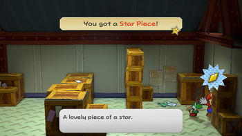 Mario getting the Star Piece behind the southeast chests in the right room of the second floor of Glitz Pit's storeroom in the remake of the Paper Mario: The Thousand-Year Door for the Nintendo Switch.