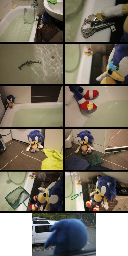 Eleven photographs are presented in a left-to-right format. In the first, Sonic is shown sitting on cabinetry next to a bathtub, with keys and a coin sitting on the bathtub's rim. In the second, Sonic's hand is touching the keys and coin. In the third, Sonic accidentally drops the keys and coins in the bathtub. In the fourth, Sonic, with tears, has flashbacks to all the times he's been in water. In the fifth, Sonic is shown in the bathtub, trying to get in the water to get the stuff again. The sixth zooms in on Sonic's foot as he tries to get into the water, showing it just above the waterline. In the seventh, Sonic is getting out of the water to avoid drowning (and he's thinking about the Labyrinth Zone and similar places again) and thinking of another idea to get the key and coin. In the eighth panel, Sonic finds a net, planning to use it to get the stuff. In the ninth, Sonic is trying to get the keys and coins with the net (he looks like he is fishing - say hello to Big the Cat!), and almost has them. In the tenth, Sonic finally gets the keys and coin out of the water. In the eleventh and final, Sonic is no longer in the bathroom, instead looking out a window and thinking about his next move.