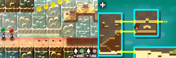 Mario and Luigi near 5 Coins in Plack Beach of Mario & Luigi: Bowser's Inside Story + Bowser Jr.'s Journey.