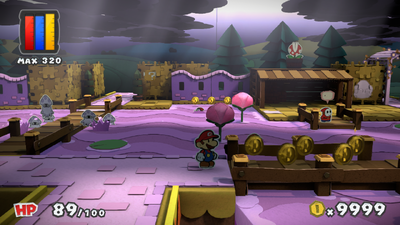 Mario near 5 Coins in Plum Park of Paper Mario: Color Splash.