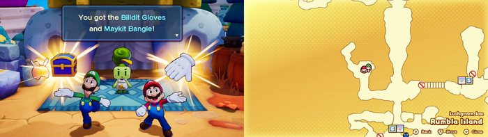 Mario and Luigi getting the Billdit Gloves and the Maykit Bangle accessory from Willma on Rumbla Island of Mario & Luigi: Brothership.