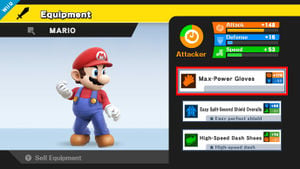 Equipment for Mario in Super Smash Bros. for Wii U. Apparently, equipment badge shows the icon for Coat rather than Overalls; perhaps a mistake in this pre-release screenshot.