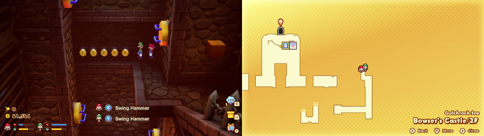 Mario and Luigi near 5 Coins and 2 10-Coins on Wayaway Island of Mario & Luigi: Brothership.