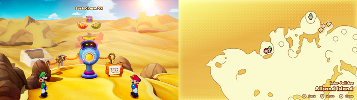 Mario and Luigi being given a Luck Charm DX accessory by the Concordia Hammer-Rally machine on Allsand Island of Mario & Luigi: Brothership.