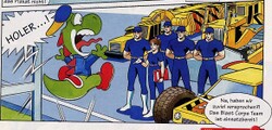 Yoshi meeting the Blast Corps in the Club Nintendo comic "Blast Corps in Yoshis Knallkekse"