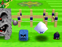 Day at the Races: Four different creatures (from left to right: Whomp, Thwomp, Boo, and Bob-omb) lining up to prepare for the race. From Mario Party 2.