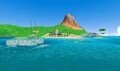 A distant view of Gelato Beach, with Corona Mountain visible in the background, in Super Mario Sunshine