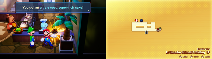 Mario and Luigi being given the Ultra-Sweet, Super-Rich Cake on Lottacoins Island of Mario & Luigi: Brothership.