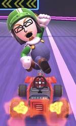 The Luigi Mii Racing Suit performing a trick.