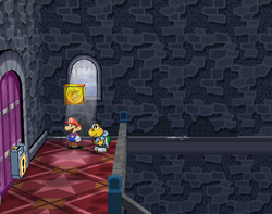 Mario next to the Shine Sprite in the high room in Hooktail Castle in Paper Mario: The Thousand-Year Door.
