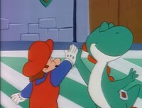 Mario and Yoshi high-five after scoring a goal in The Yoshi Shuffle while "Rah-Rah" plays