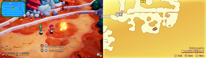 Mario and Luigi near a Sprite Bulb Nest on Rumbla Island of Mario & Luigi: Brothership.