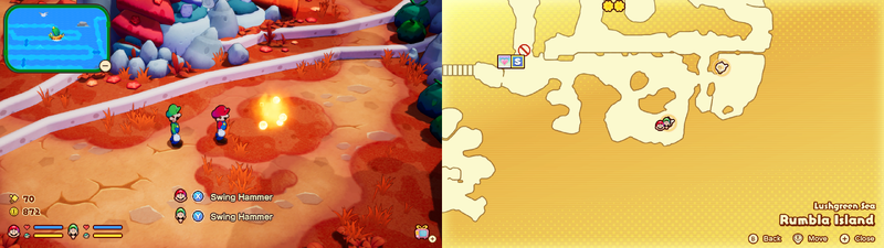 Mario and Luigi near a Sprite Bulb Nest on Rumbla Island of Mario & Luigi: Brothership.