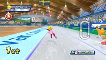 Princess Peach in the Speed Skating 500m Event of Mario & Sonic at the Olympic Winter Games for the Wii