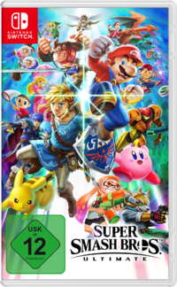 European boxart for Super Smash Bros. Ultimate, as localized for Germany, featuring the Unterhaltungssoftware Selbstkontrolle age rating. Yoshi is noticeably absent from this cover due to the required large graphic of the age rating, and Pikachu's appearance was prioritised replacing where Yoshi is on other regional case covers.
