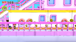 Mario standing near a group of coins on The Princess Peach ship of The Origami King.