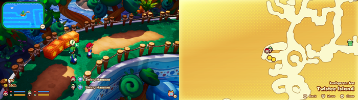 Mario and Luigi near wooden crates containing 2 Coins and a Mushroom on Twistee Island of Mario & Luigi: Brothership.